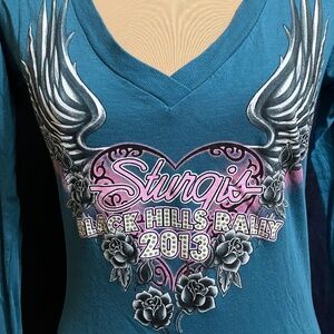 🏍STURGIS 2013 BLACK HILLS RALLY 🦅 LONG SLEEVE TEE, TURQUOISE SIZE MEDIUM